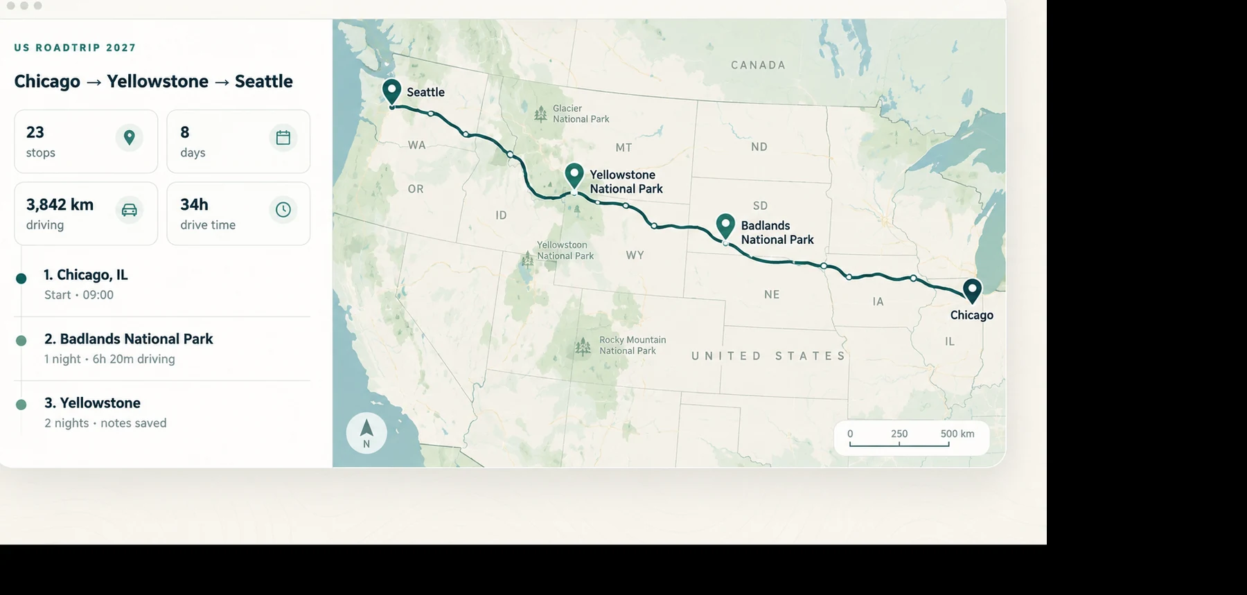 Illustrative planner preview showing a route from Chicago through national parks to Seattle, with stops and overnight stays beside the map.